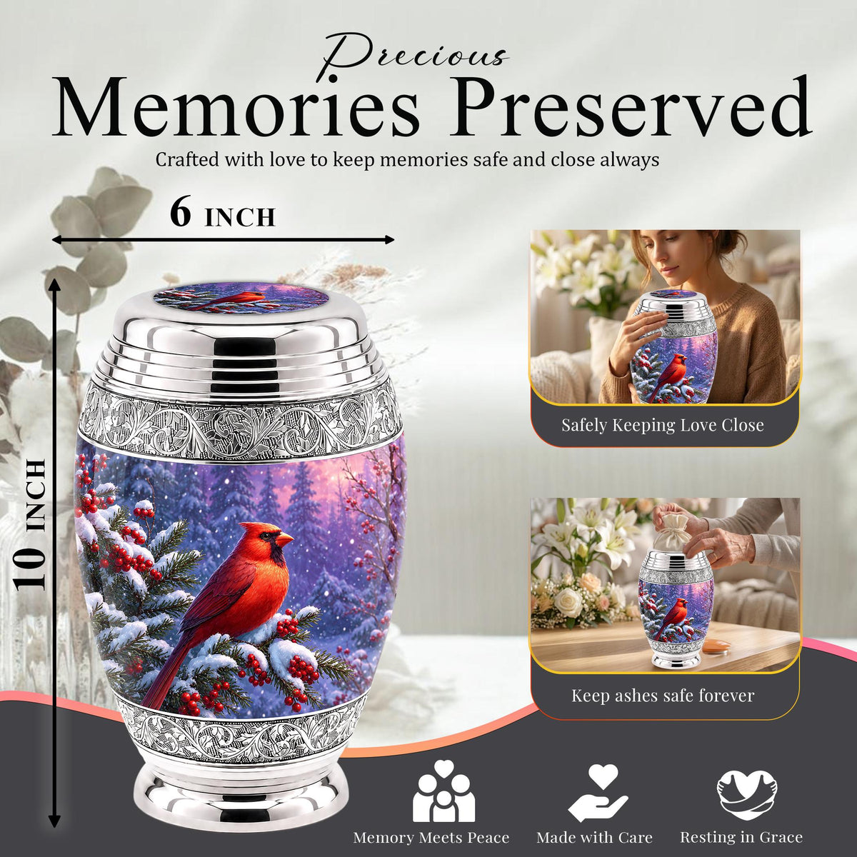 Personalized Cardinal Cremation Urn, Winter Forest Ashes Memorial (200 Cubic)