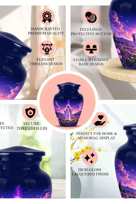 Personalized Jesus Cremation Urn for Ashes, Jesus Christ Purple Floral Memorial Urn, Christian Sunset Tribute, Heavenly Religious Urn (200 Cubic)