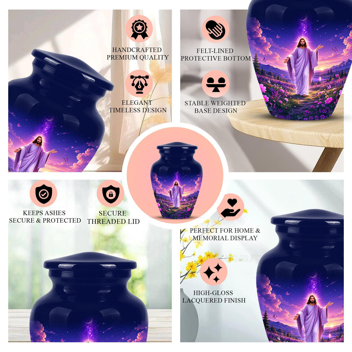 Personalized Jesus Cremation Urn for Ashes, Jesus Christ Purple Floral Memorial Urn, Christian Sunset Tribute, Heavenly Religious Urn (200 Cubic)