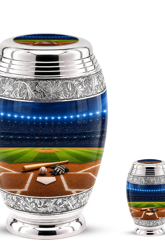 Baseball Cremation Urn for Ashes - Silver Baseball Glove and Bat Memorial Urn
