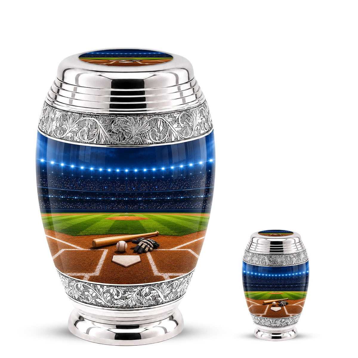 Baseball Cremation Urn for Ashes - Silver Baseball Glove and Bat Memorial Urn