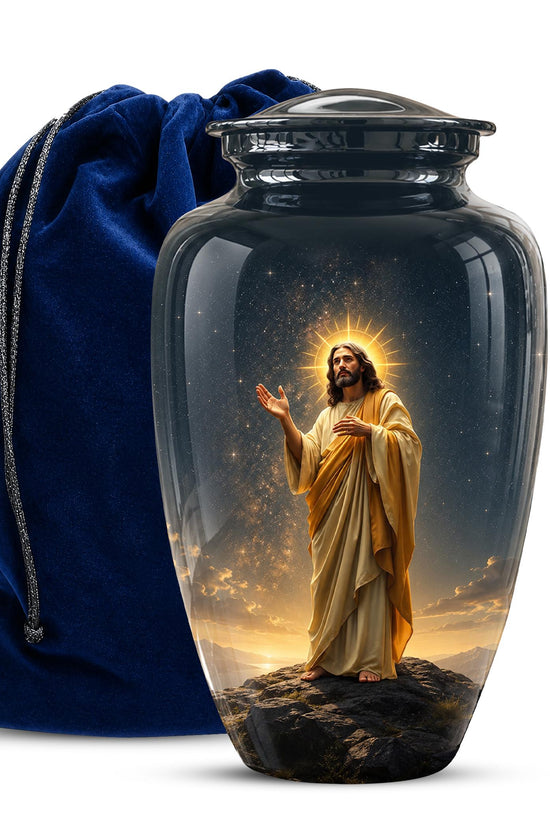 Christian Jesus Cremation Urn, Adult Memorial Keepsake, Glossy Black Finish