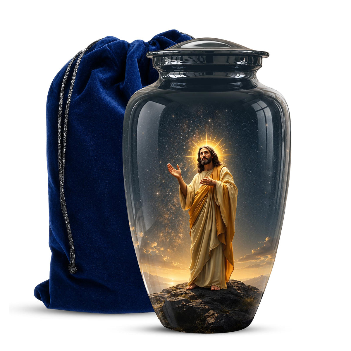 Christian Jesus Cremation Urn, Adult Memorial Keepsake, Glossy Black Finish