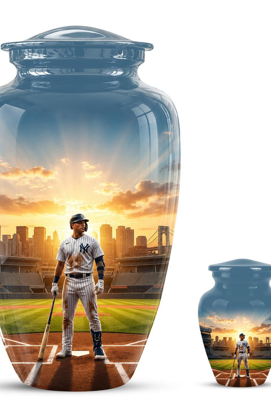Baseball Player Cremation Urn for Ashes - City Skyline Sunset Memorial Urn