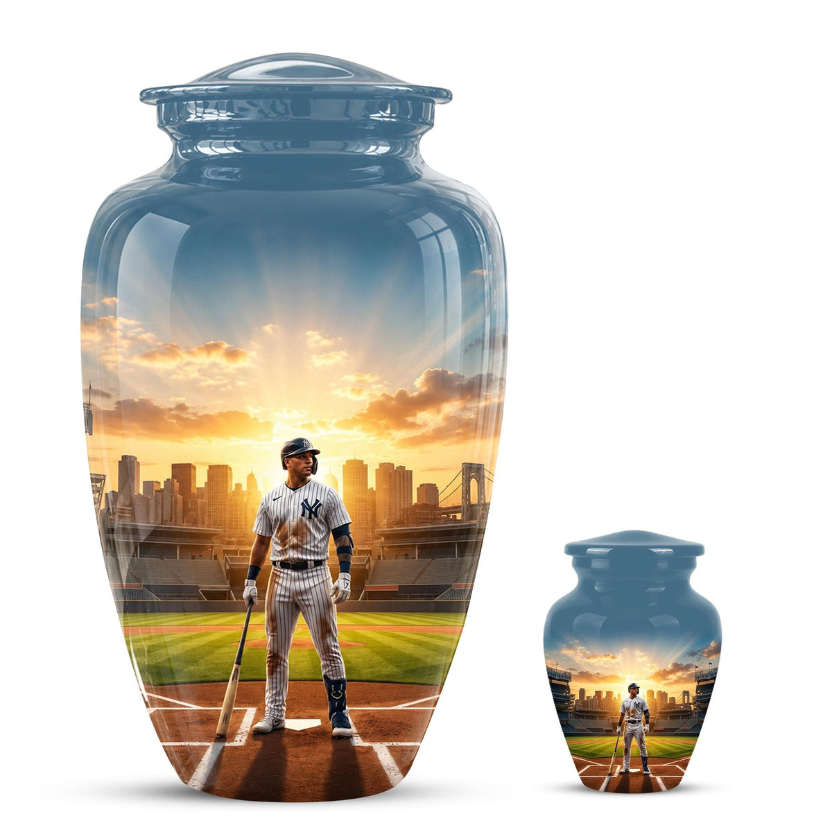 Baseball Player Cremation Urn for Ashes - City Skyline Sunset Memorial Urn