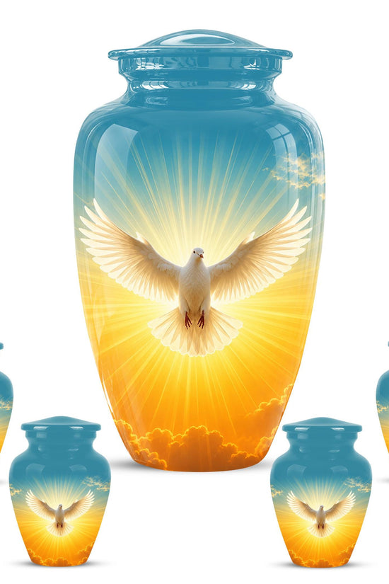 Personalized White Dove Cremation Urn for Ashes - Golden Sunset Dove Memorial Urn, Heavenly Light