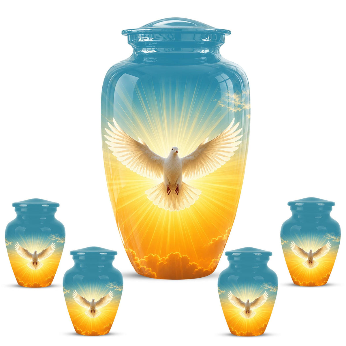 Personalized White Dove Cremation Urn for Ashes - Golden Sunset Dove Memorial Urn, Heavenly Light