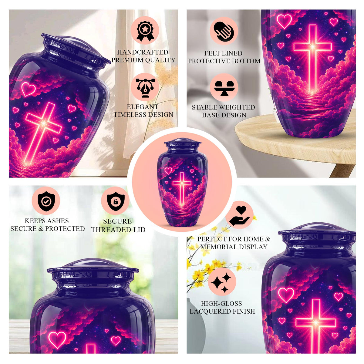 Christian Cremation Urn, Glowing Cross Memorial, Adult Ashes Urn, Religious Funeral Keepsake