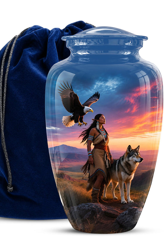 Personalized Native American Cremation Urn for Ashes - Eagle & Wolf Memorial Urn, Custom Human Ashes Urn, Spiritual Funeral Urn