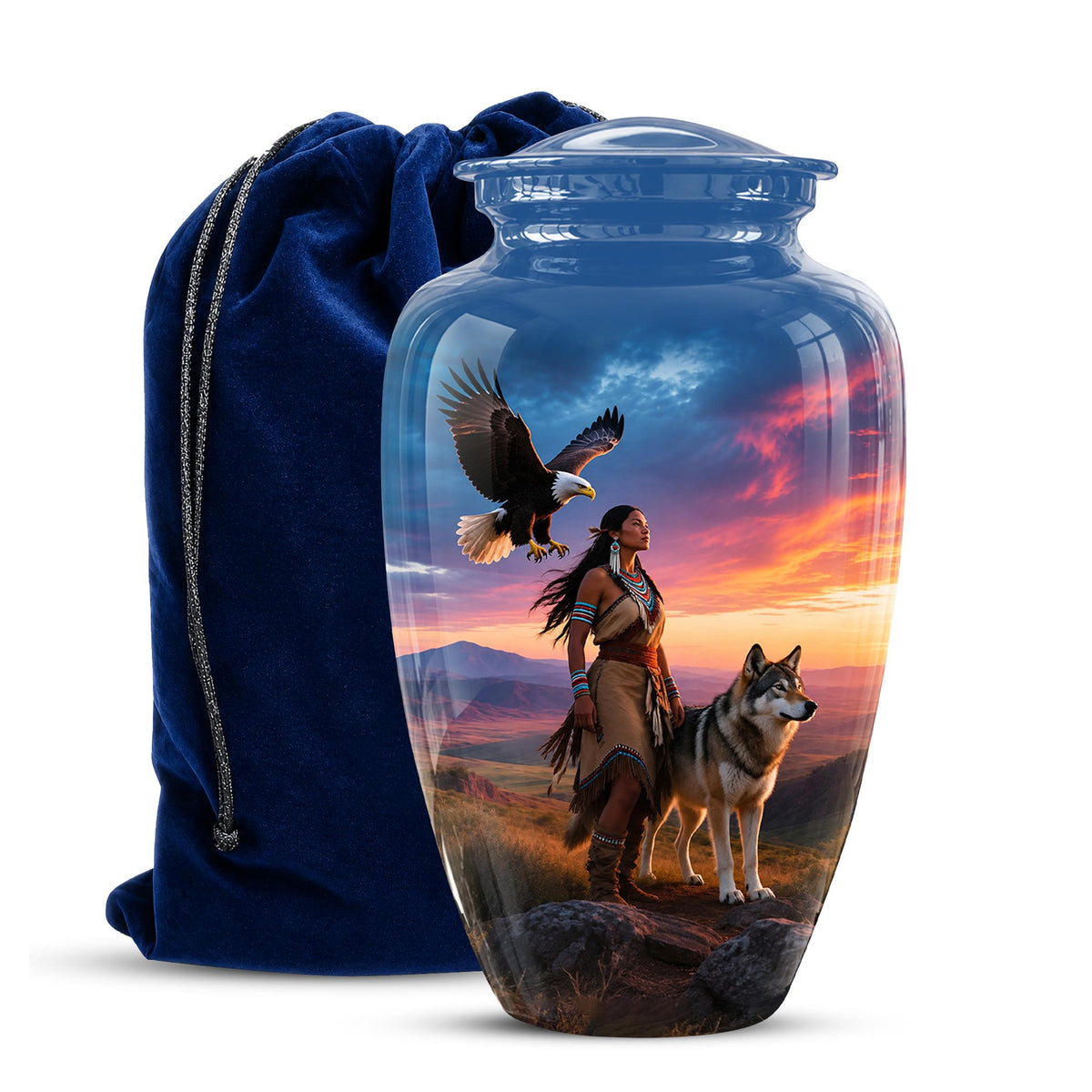 Personalized Native American Cremation Urn for Ashes - Eagle & Wolf Memorial Urn, Custom Human Ashes Urn, Spiritual Funeral Urn