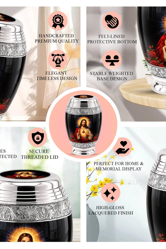 Personalized Sacred Heart of Jesus Cremation Urn - Catholic Memorial Keepsake (Black Finish)