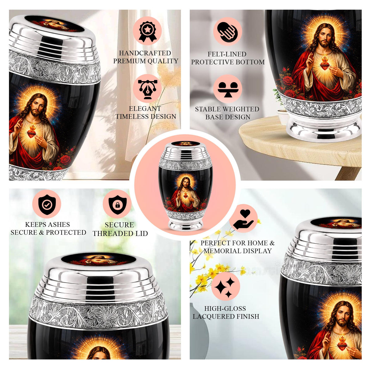 Personalized Sacred Heart of Jesus Cremation Urn - Catholic Memorial Keepsake (Black Finish)