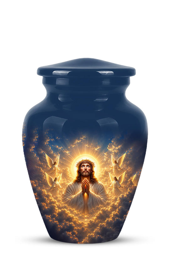 Personalized Jesus Cremation Urn for Ashes, Jesus Christ Prayer Memorial Urn, Golden Halo Christian Tribute, Heavenly Religious Urn (200 Cubic)
