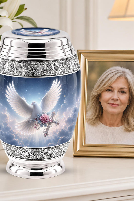 Personalized Christian Cremation Urn - Dove with Wings, Rose, Cross (Silver Tone)
