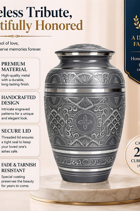 Black and Silver Brass Cremation Urn for Ashes - Ornate Engraved Memorial Urn