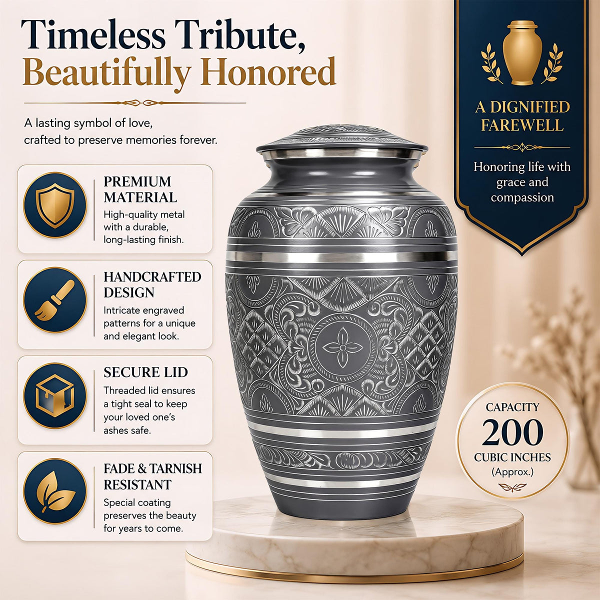 Black and Silver Brass Cremation Urn for Ashes - Ornate Engraved Memorial Urn
