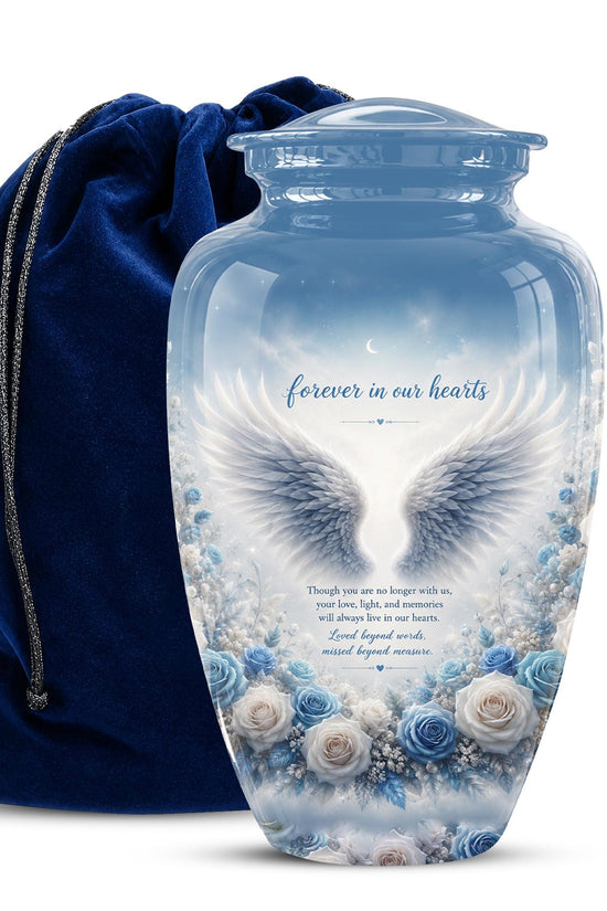Personalized Angel Wings Cremation Urn - Blue Roses Memorial Keepsake Urn