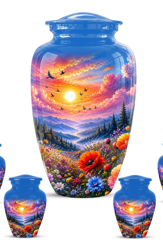 Personalized Wildflower Mountain Sunset Cremation Urn, Nature Memorial Keepsake (200 Cubic)