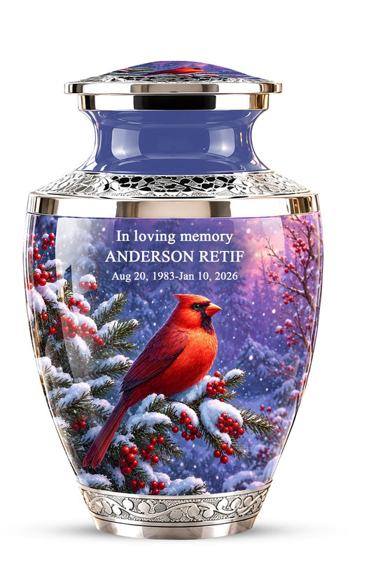 Personalized Cardinal Memorial Urn, Winter Bird Ashes Keepsake (200 Cubic)
