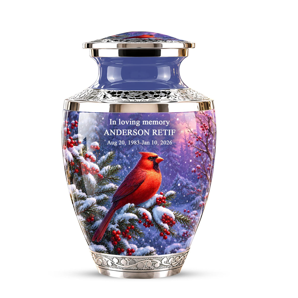 Personalized Cardinal Memorial Urn, Winter Bird Ashes Keepsake (200 Cubic)