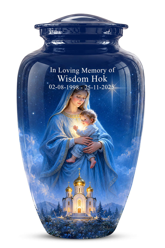 Personalized Mother Mary Cremation Urn, Catholic Memorial Keepsake (Custom Photo)