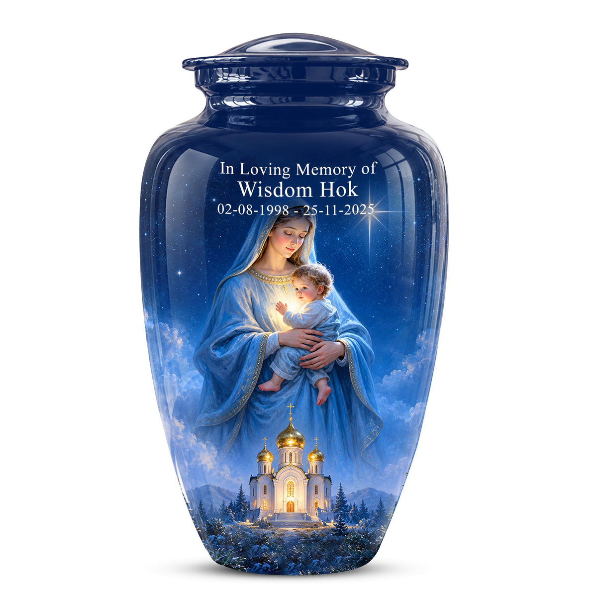 Personalized Mother Mary Cremation Urn, Catholic Memorial Keepsake (Custom Photo)