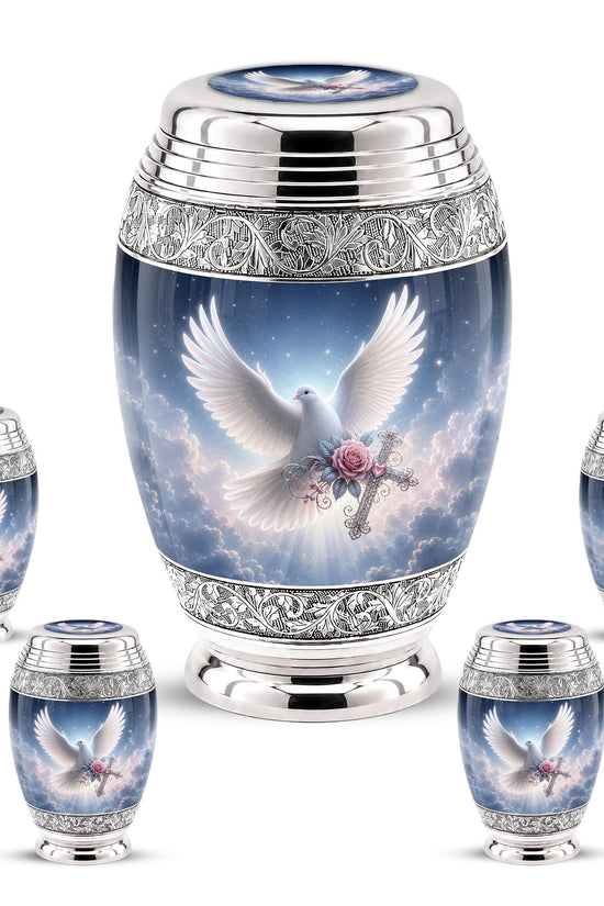 Personalized Christian Cremation Urn - Dove with Wings, Rose, Cross (Silver Tone)