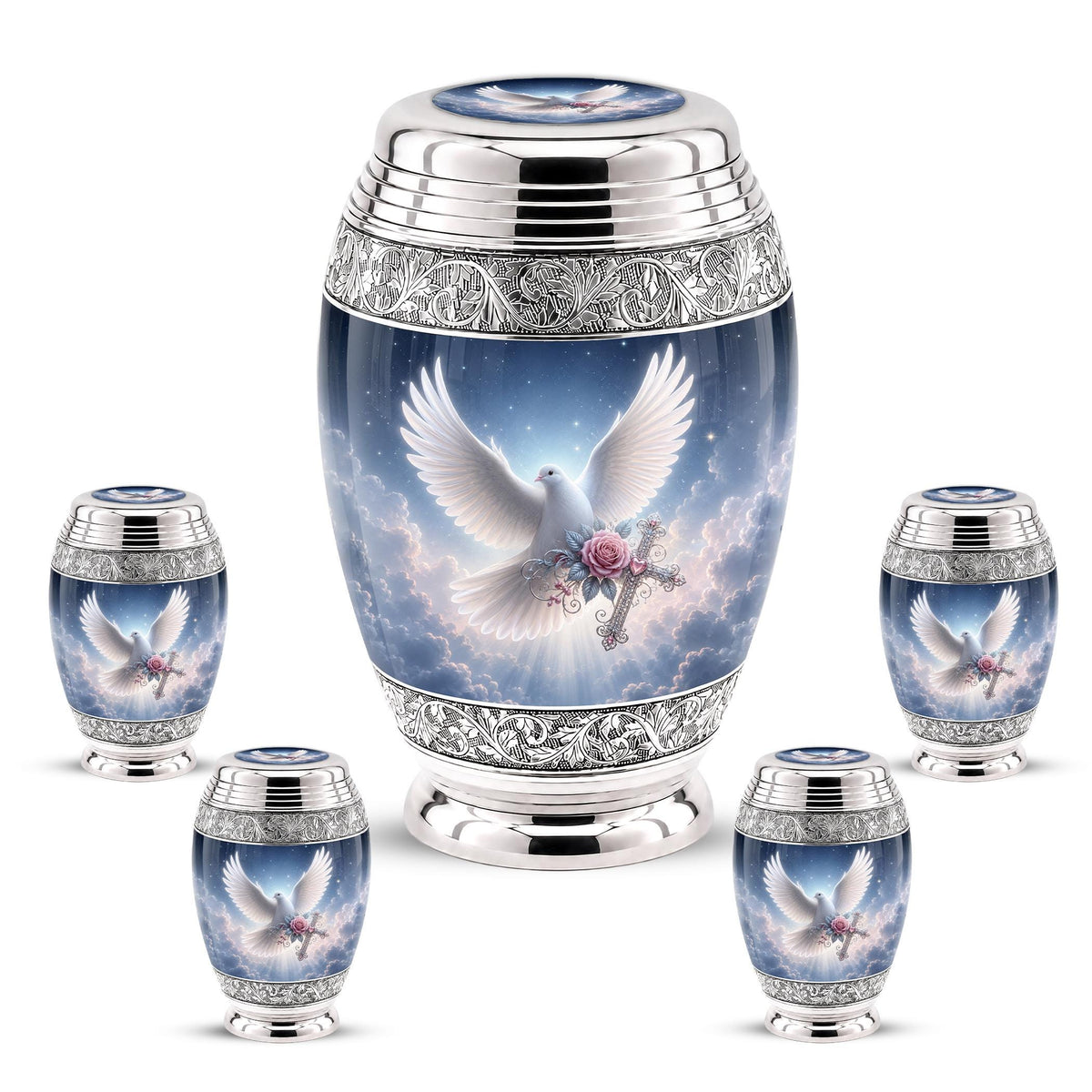Personalized Christian Cremation Urn - Dove with Wings, Rose, Cross (Silver Tone)