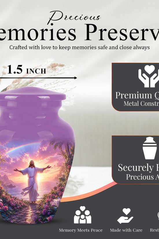 Personalized Jesus Cremation Urn for Ashes Jesus Christ - Rainbow Memorial Urn, Christian Sunset Tribute Urn