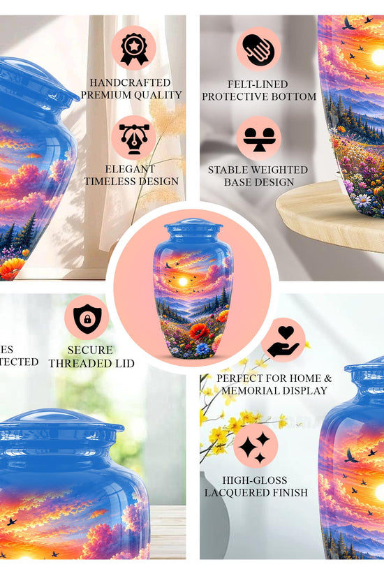 Personalized Wildflower Mountain Sunset Cremation Urn, Nature Memorial Keepsake (200 Cubic)