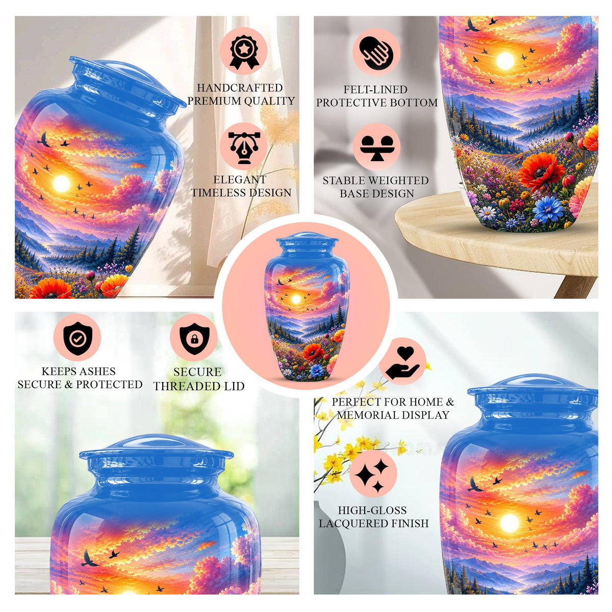 Personalized Wildflower Mountain Sunset Cremation Urn, Nature Memorial Keepsake (200 Cubic)