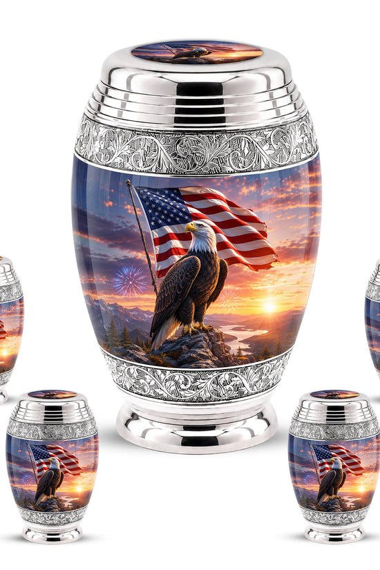 American Flag Eagle Cremation Urn for Ashes - Silver Patriotic Bald Eagle Memorial Urn