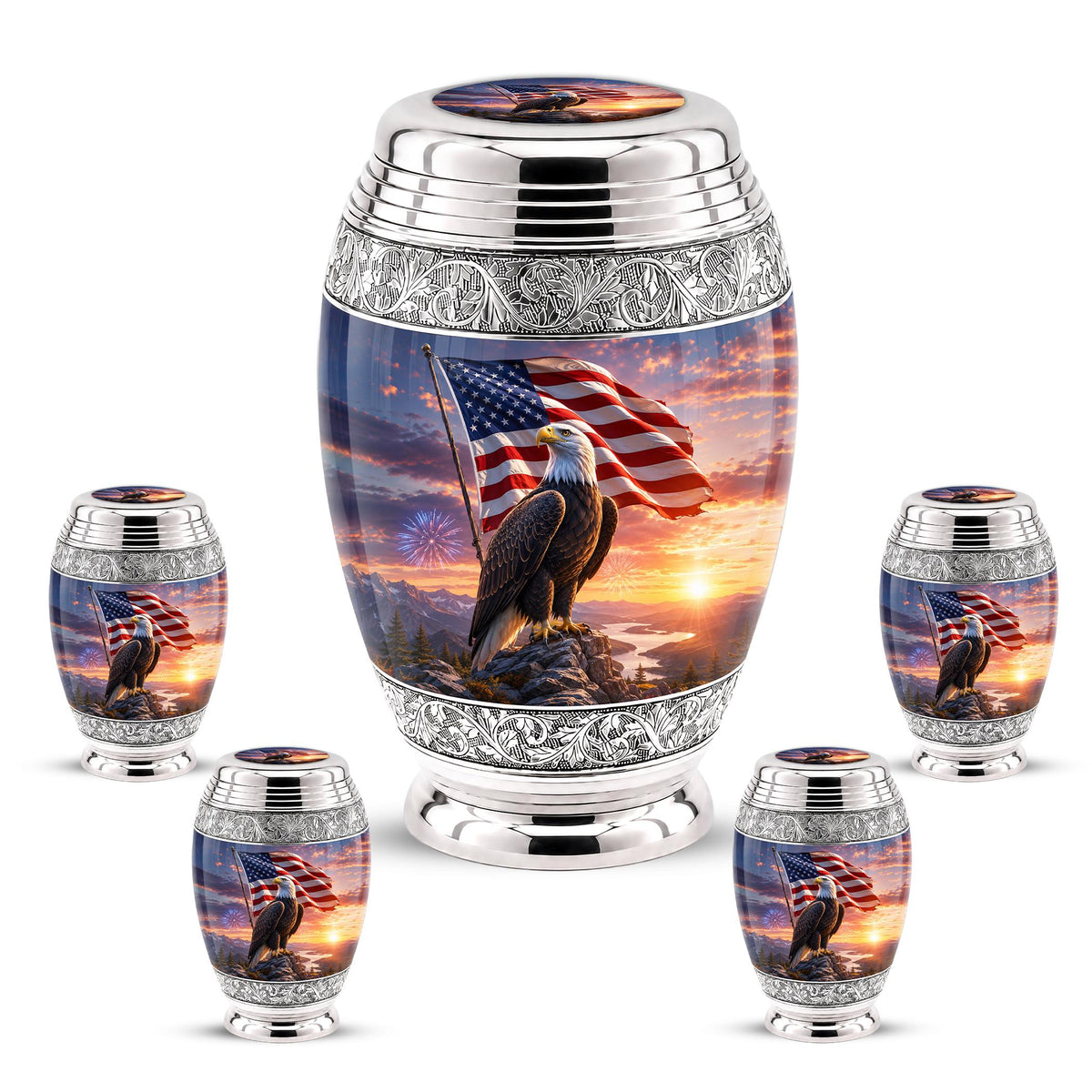 American Flag Eagle Cremation Urn for Ashes - Silver Patriotic Bald Eagle Memorial Urn