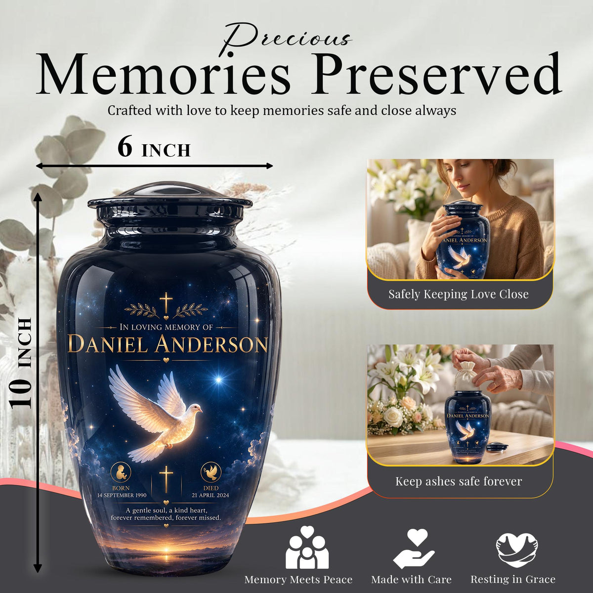 Personalized White Dove Cremation Urn - Christian Memorial Ashes Container (Custom Name & Dates)