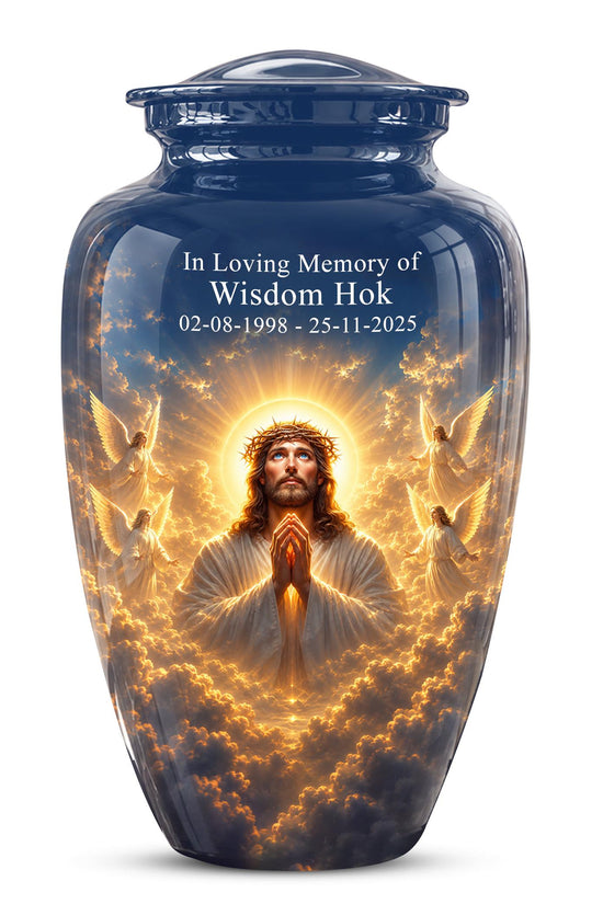 Personalized Jesus Cremation Urn for Ashes, Jesus Christ Prayer Memorial Urn, Golden Halo Christian Tribute, Heavenly Religious Urn (200 Cubic)