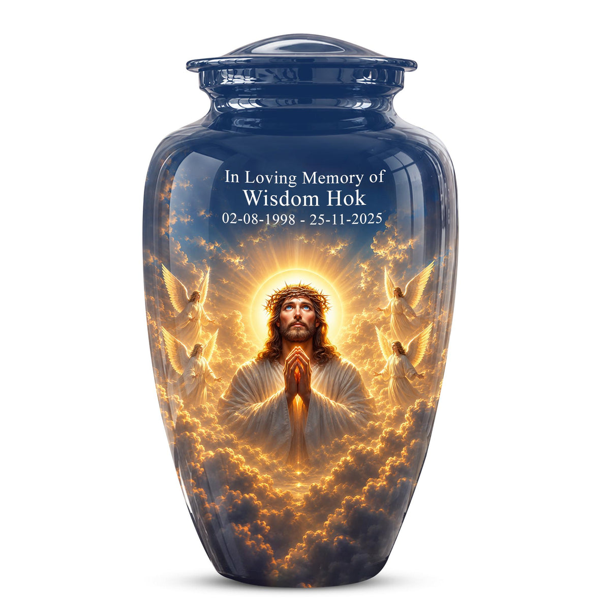 Personalized Jesus Cremation Urn for Ashes, Jesus Christ Prayer Memorial Urn, Golden Halo Christian Tribute, Heavenly Religious Urn (200 Cubic)