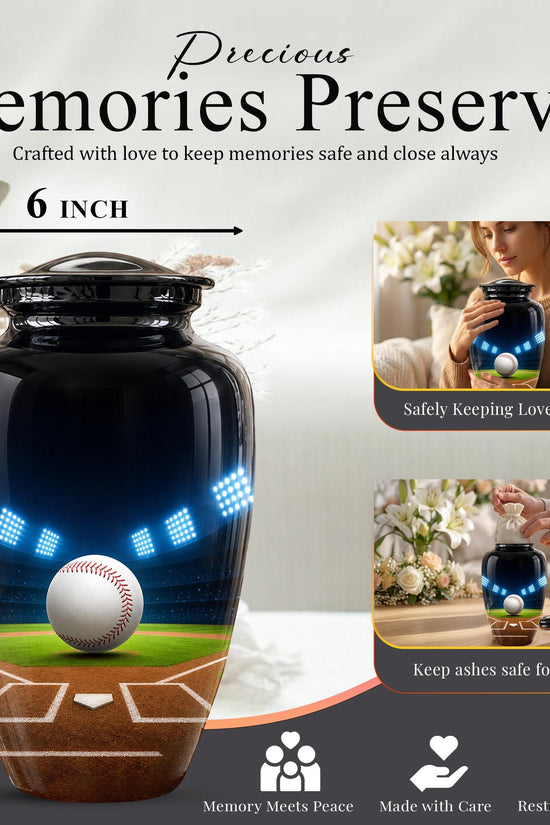 Baseball Cremation Urn for Ashes - Baseball Memorial Urn with Ball and Stadium Lights