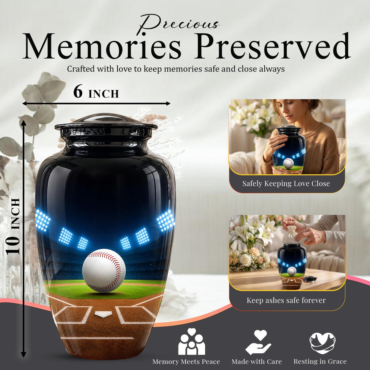 Baseball Cremation Urn for Ashes - Baseball Memorial Urn with Ball and Stadium Lights