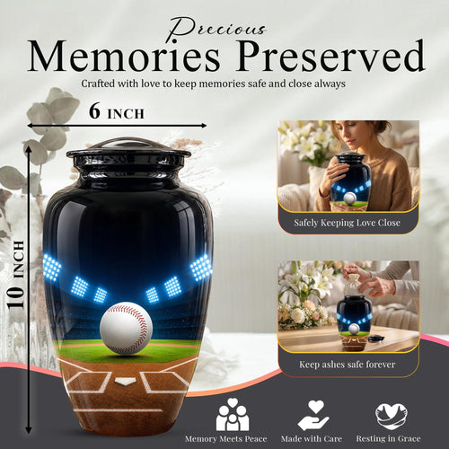 Baseball Cremation Urn for Ashes - Baseball Memorial Urn with Ball and Stadium Lights