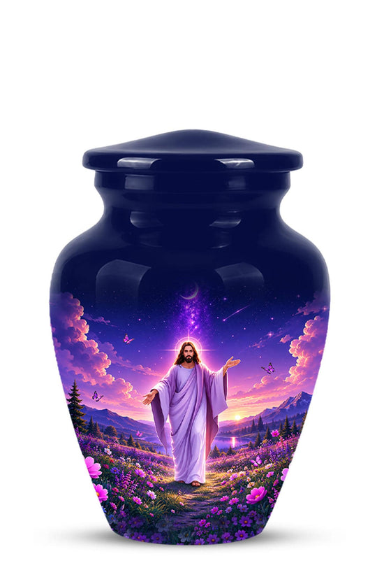 Personalized Jesus Cremation Urn for Ashes, Jesus Christ Purple Floral Memorial Urn, Christian Sunset Tribute, Heavenly Religious Urn (200 Cubic)