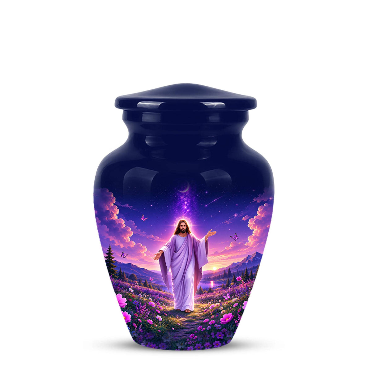 Personalized Jesus Cremation Urn for Ashes, Jesus Christ Purple Floral Memorial Urn, Christian Sunset Tribute, Heavenly Religious Urn (200 Cubic)