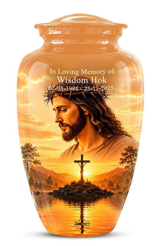 Personalized Jesus Cremation Urn for Ashes, Jesus Christ Sunset Memorial Urn, Christian Cross Tribute Urn, Religious Keepsake Urn Set (200 Cubic)