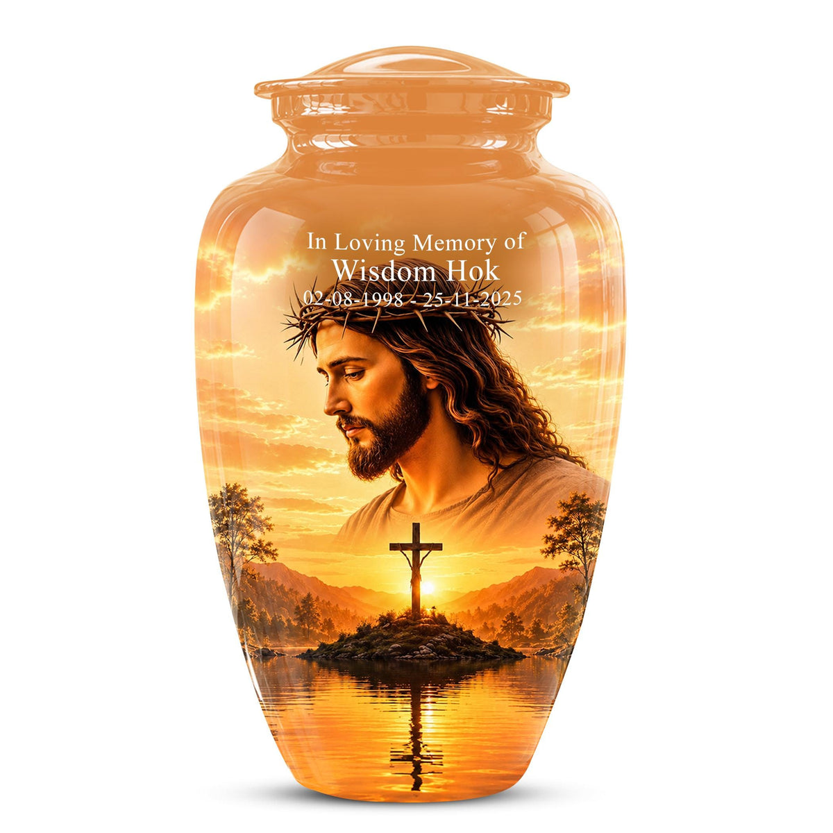Personalized Jesus Cremation Urn for Ashes, Jesus Christ Sunset Memorial Urn, Christian Cross Tribute Urn, Religious Keepsake Urn Set (200 Cubic)