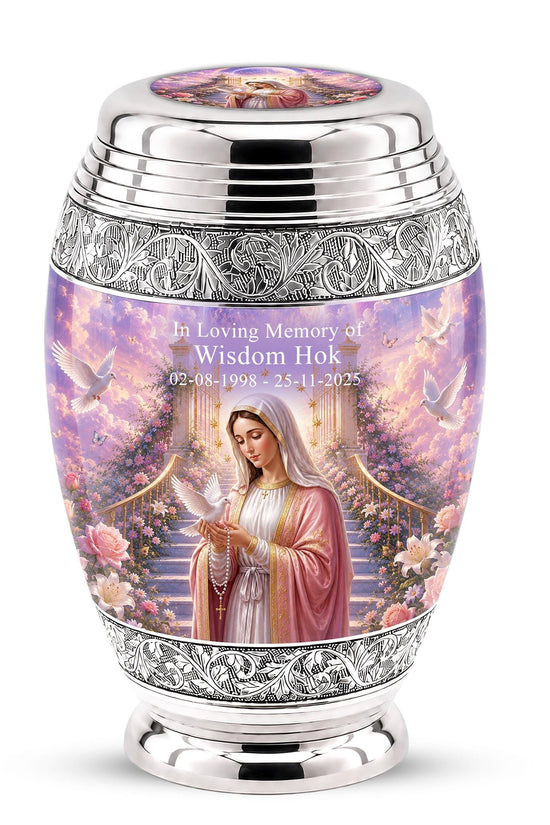 Personalized Mother Mary Cremation Urn, Catholic Memorial Ashes, Religious Funeral Urn