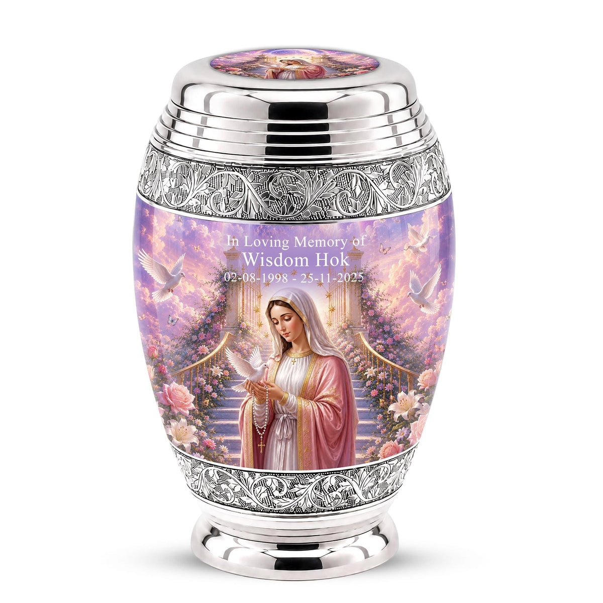 Personalized Mother Mary Cremation Urn, Catholic Memorial Ashes, Religious Funeral Urn