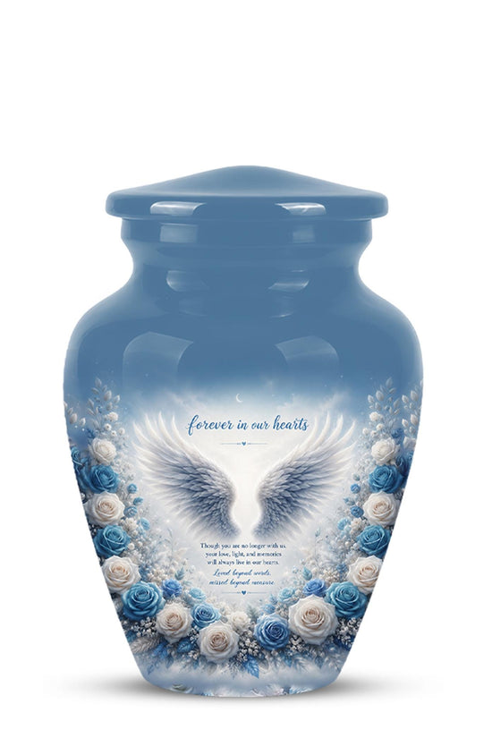 Personalized Angel Wings Cremation Urn - Blue Roses Memorial Keepsake Urn
