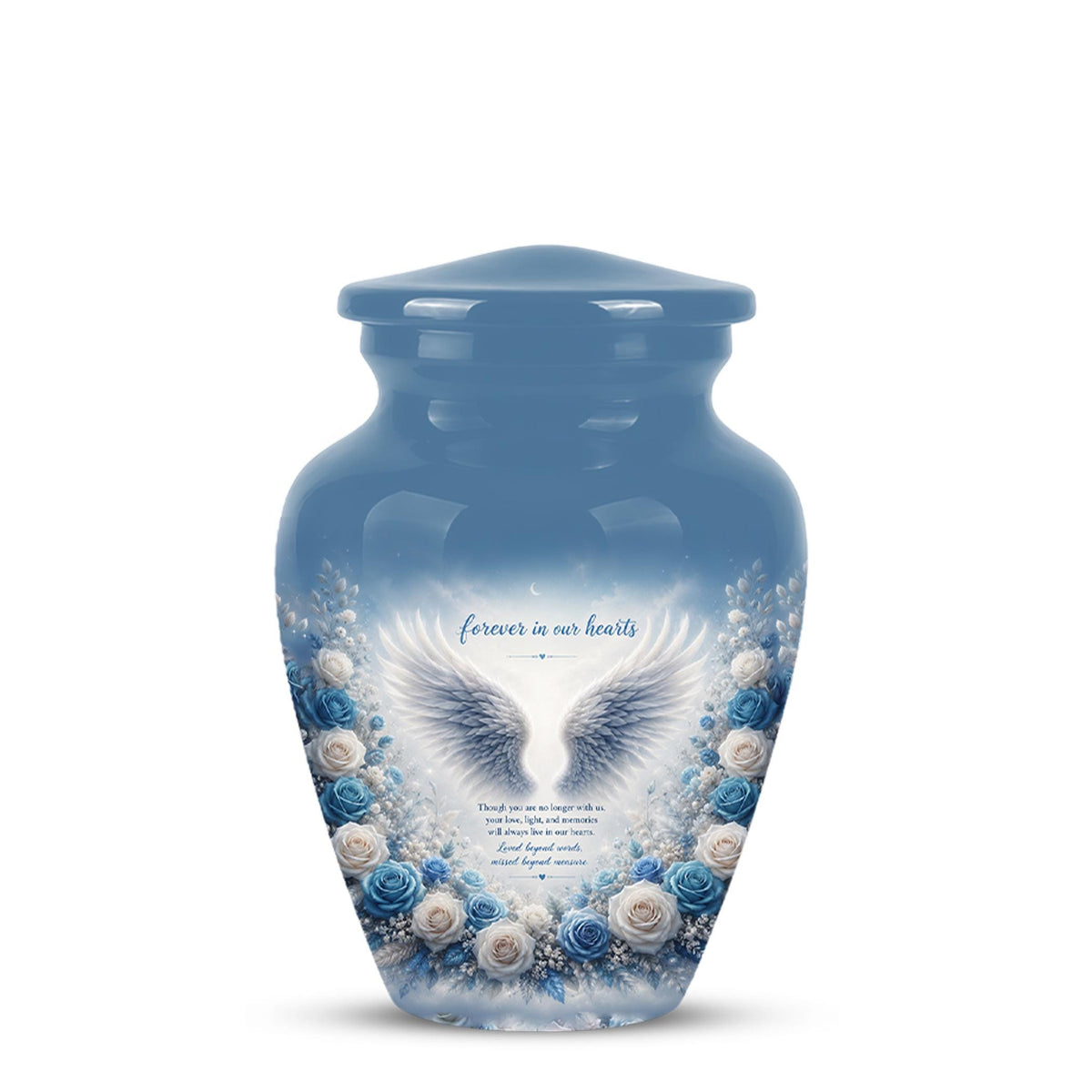 Personalized Angel Wings Cremation Urn - Blue Roses Memorial Keepsake Urn