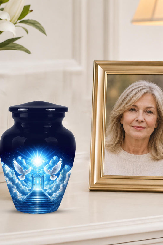 Personalized Dove Cremation Urn for Ashes, Heavenly Blue Memorial Urn - White Dove Religious Tribute