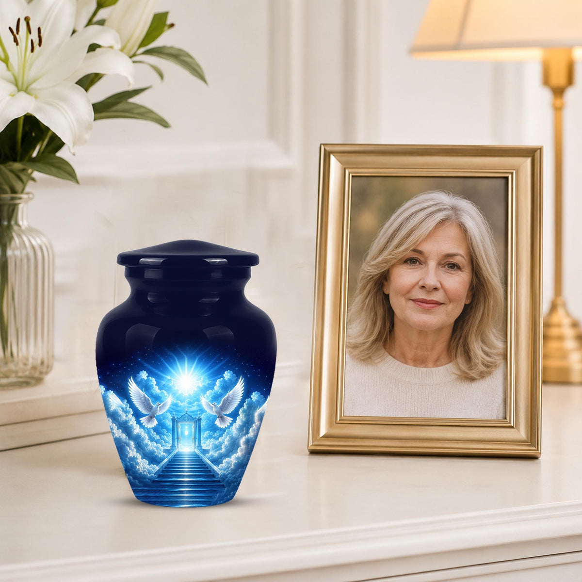 Personalized Dove Cremation Urn for Ashes, Heavenly Blue Memorial Urn - White Dove Religious Tribute
