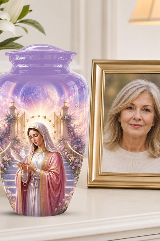 Personalized Virgin Mary Cremation Urn for Ashes - Our Lady of Grace Memorial Urn, Catholic Rosary Tribute